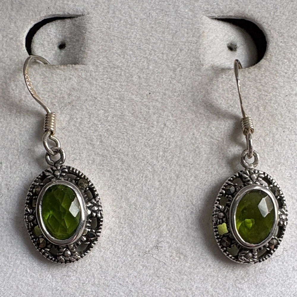 Sterling Silver Oval Peridot with Marcasite Dangle earrings